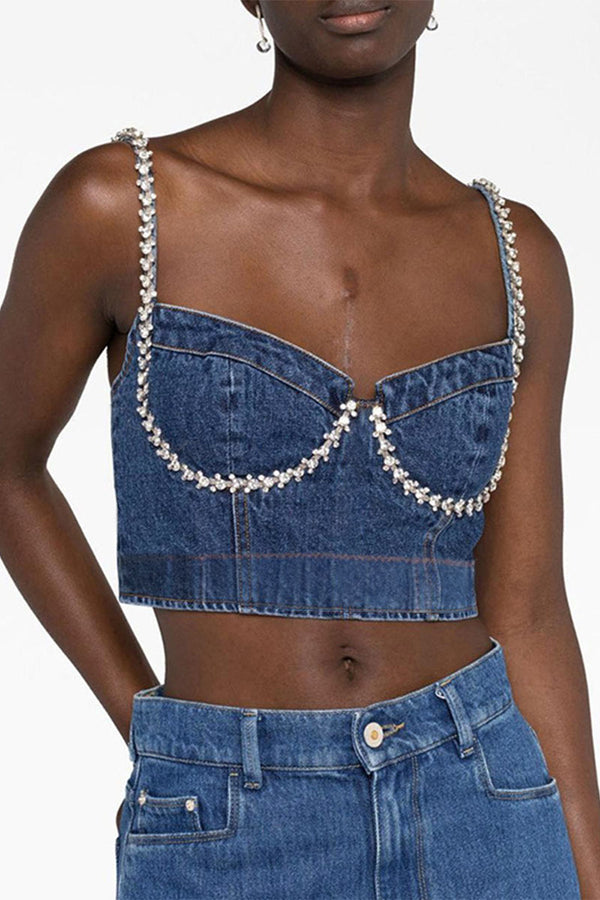 TF811 Rhinestone Stitch Sweetheart Denim Top