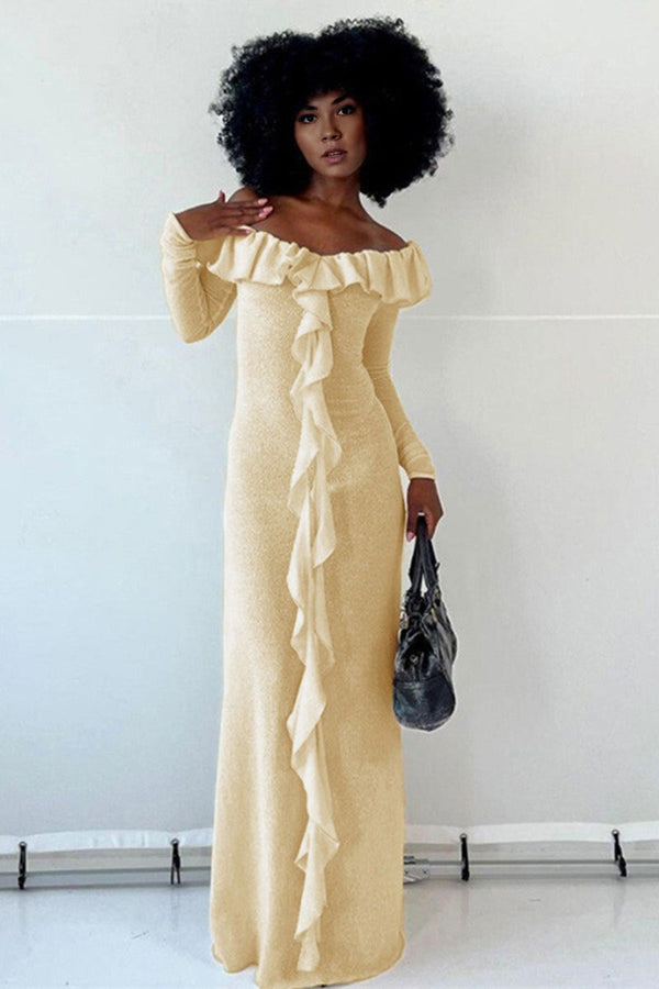 BG674 Ruffled Off Shoulder Maxi Dress