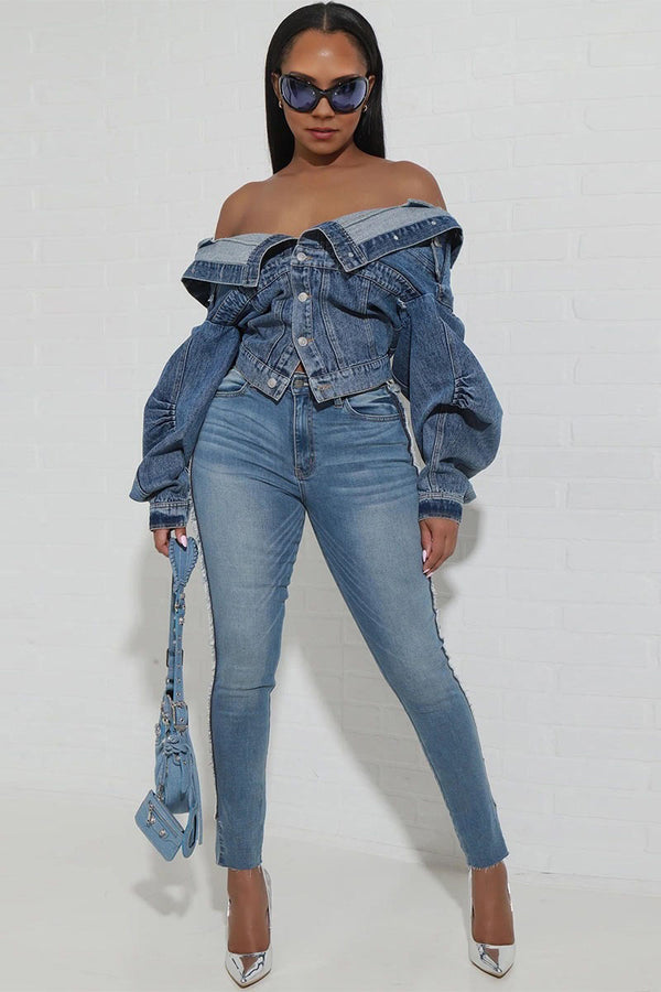 CG688 Irregular Neckline Denim Jacket