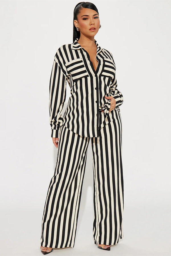 UG740 Striped Shirt Top and Wide Leg Pants Set