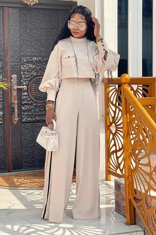 UG744 Mock Neck Crop Top and Wide Leg Pants Set