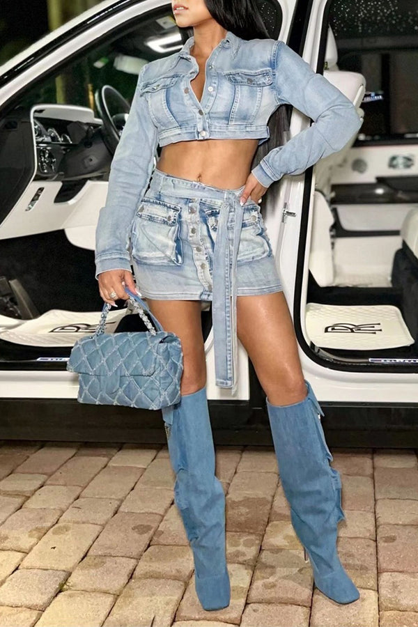 UH0320 Denim Jacket and Skirt Set