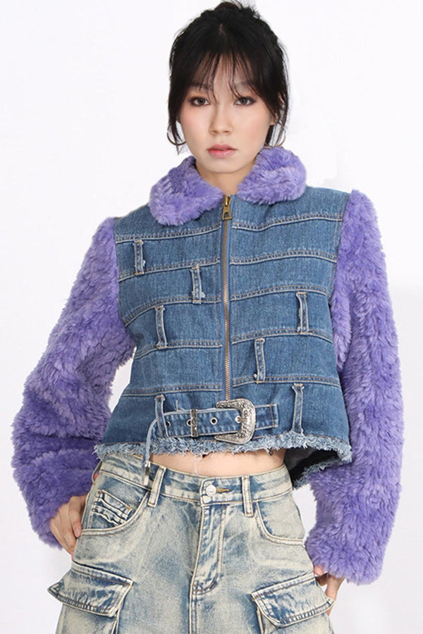 CI0107 Fur Sleeve Denim Jacket