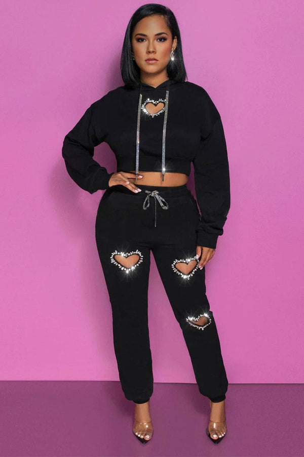 UH809 Rhinestones Hearts Tracksuit Set