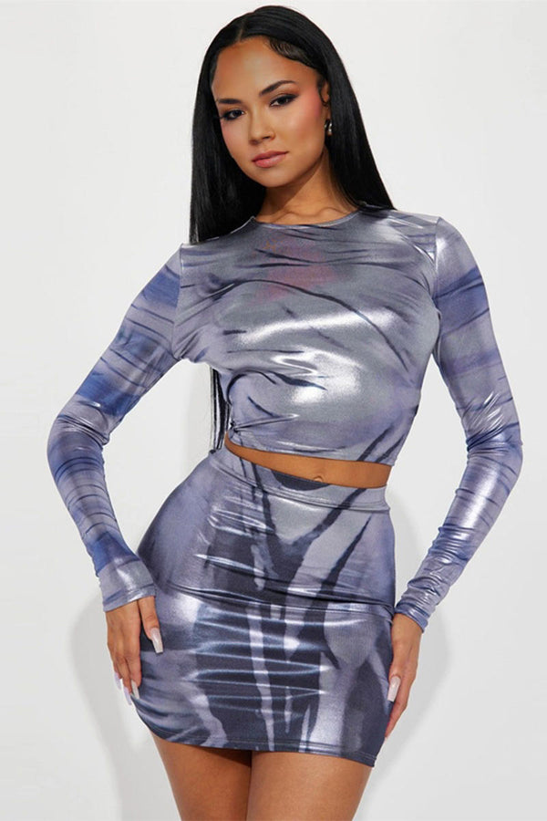 UI0215 Metallic Shirt and Skirt Set