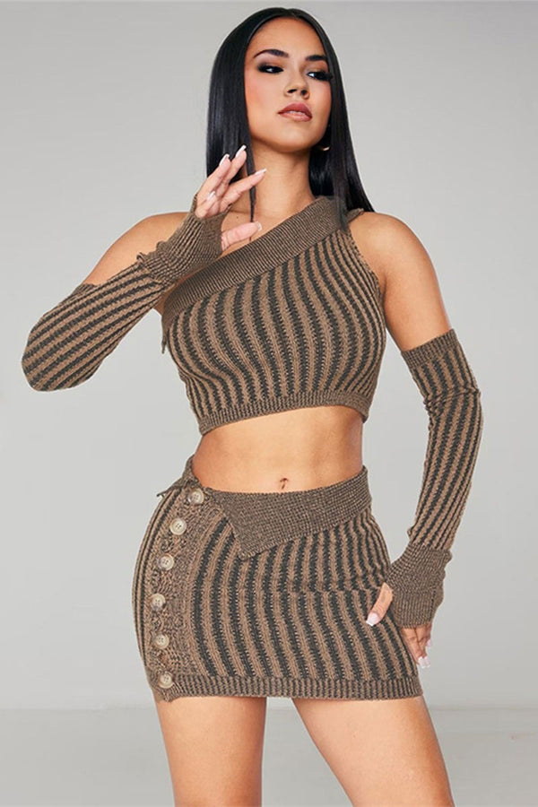 UJ0133 Stripes Knitted Skirt Set