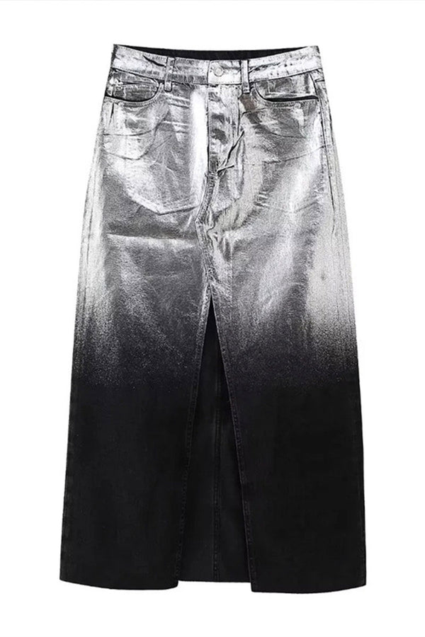 QJ0244 Metallic Denim Long Skirt