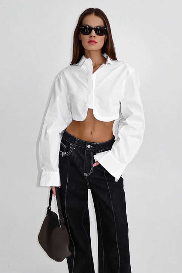 TJ0249 Collared White Crop Shirt