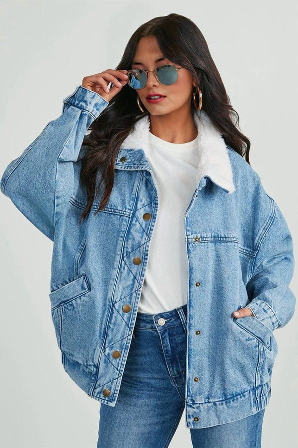 CJ665 Denim Faux Fur Collar Jacket