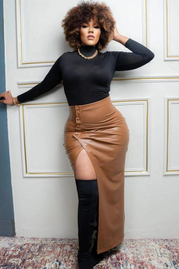 QJ0381 Vegan Leather Long Skirt