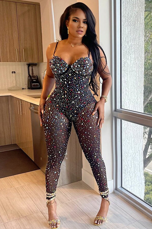 JJ0503 Rhinestones Cami Jumpsuits