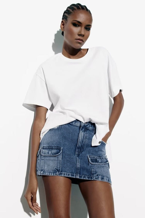 QK0380 Denim Cargo Mini Skirt