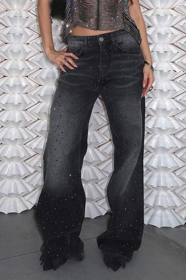 PK661 Retro Rhinestone Loose Low Waist Jeans