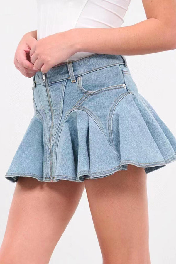 QK686 Ruffle Denim Mini Skirt