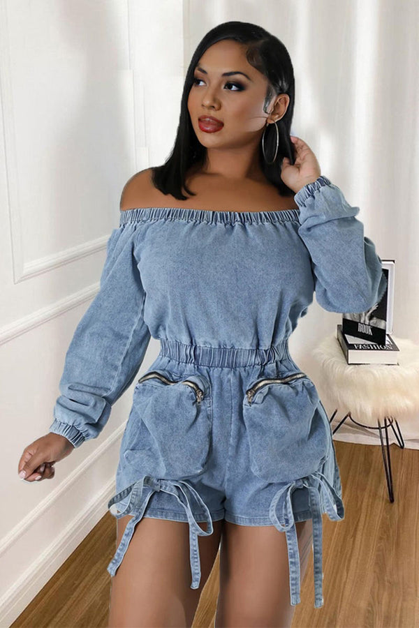 JK702 Denim Pocket Off-Shoulder Long-Sleeve Romper