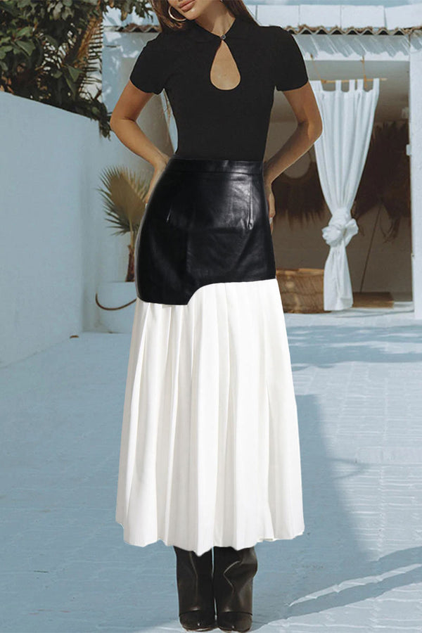 QK716 Patchwork PU Leather Pleated Skirt