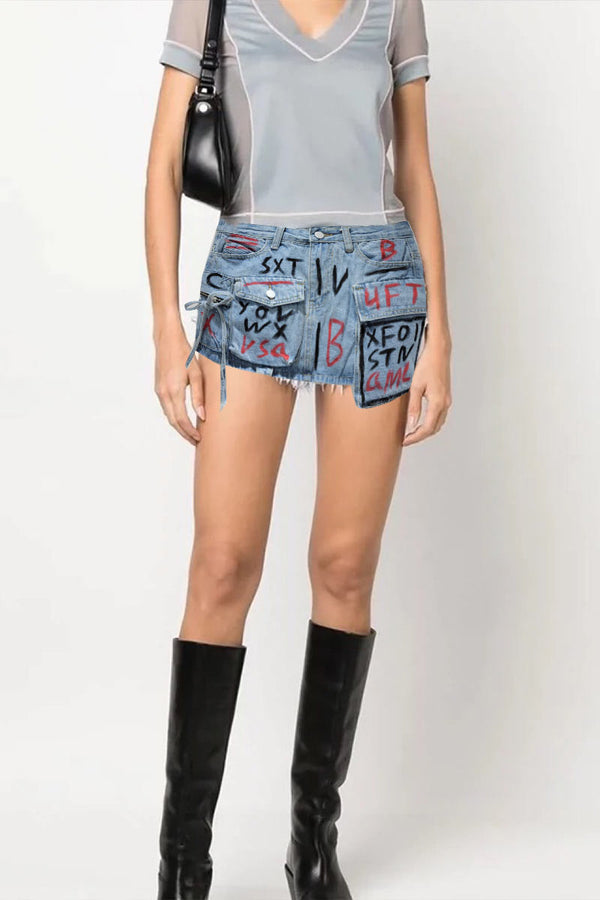 QK0697 Graphic Denim Skirt