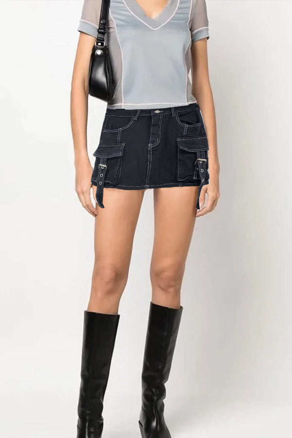 QK0694 Cargo Denim Mini Skirt