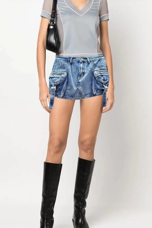 QK0698 Distressed Denim Mini Skirt