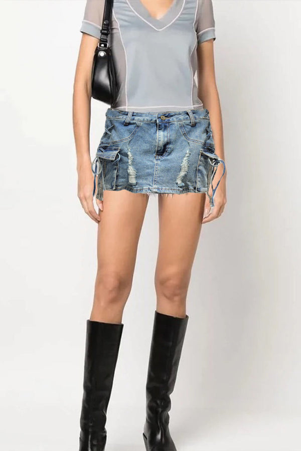 QK0691 Distressed Denim Mini Skirt