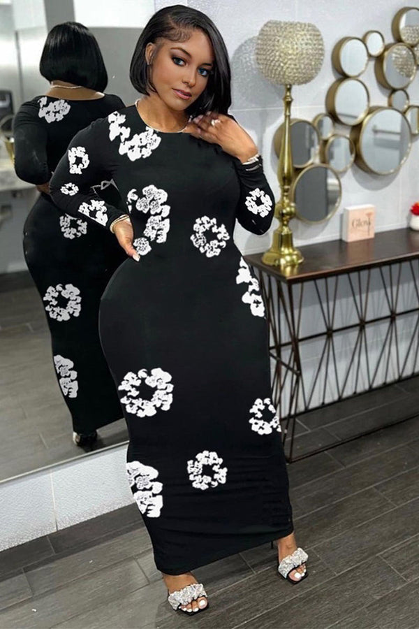 BL602 Floral Print Long Sleeve Split Maxi Dress