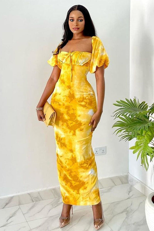 BL620 Floral Print Puff Sleeve Square Neck Maxi Dress