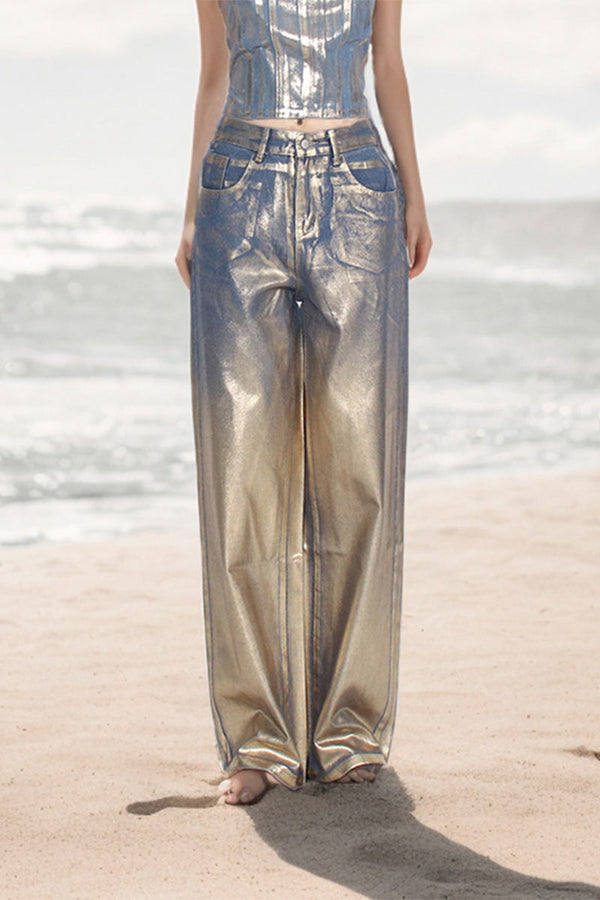 PL681 Metallic High Waist Straight Leg Jeans