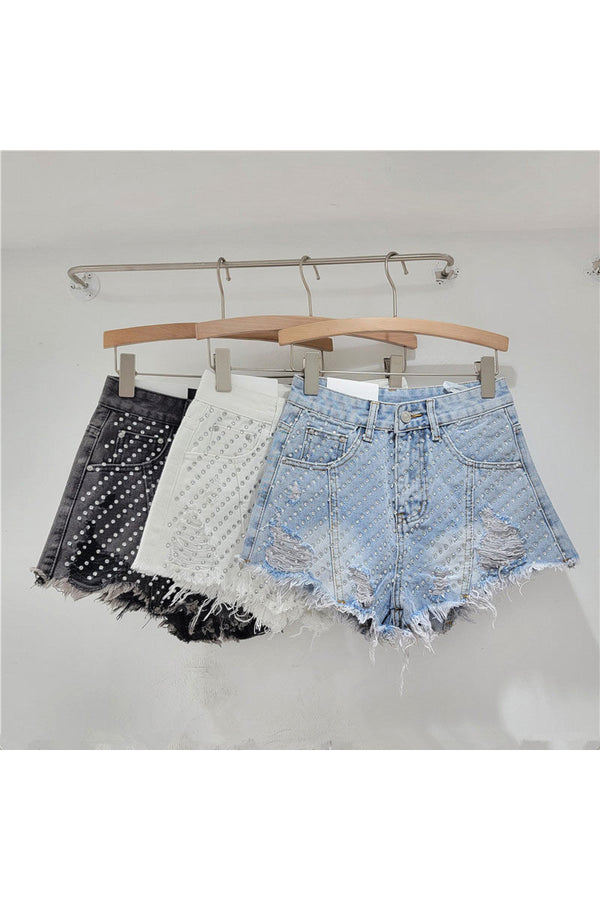 PM0190 Rhinestones Denim Shorts