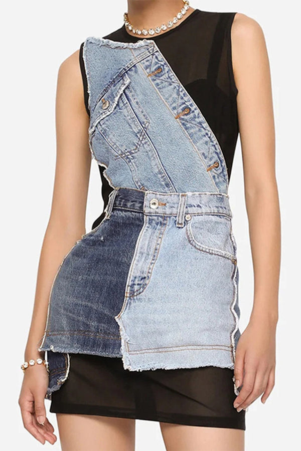 BM0348 Mesh Denim Mini Dress