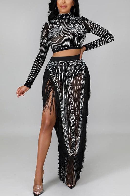 BL485 Rhinestone Fringe Skirt Set