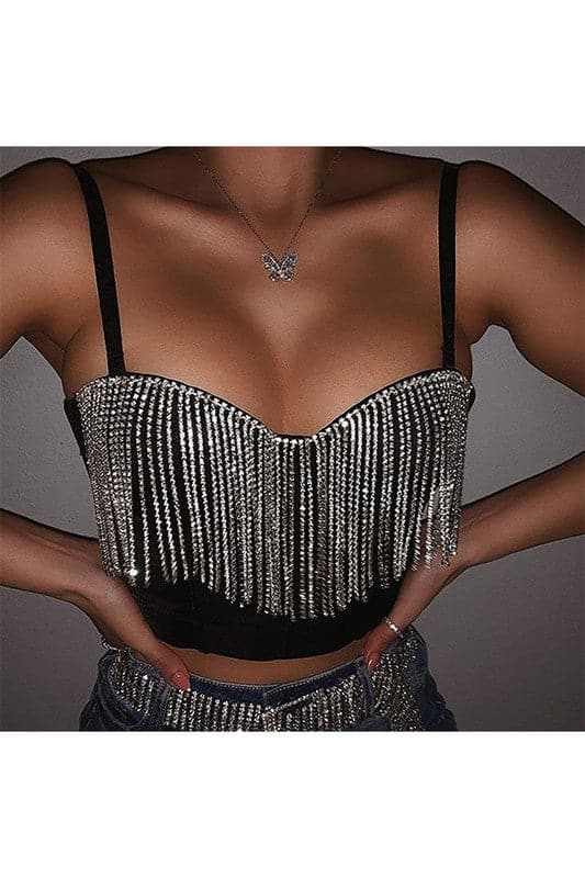 TL490 Rhinestone Fringe Crop Top