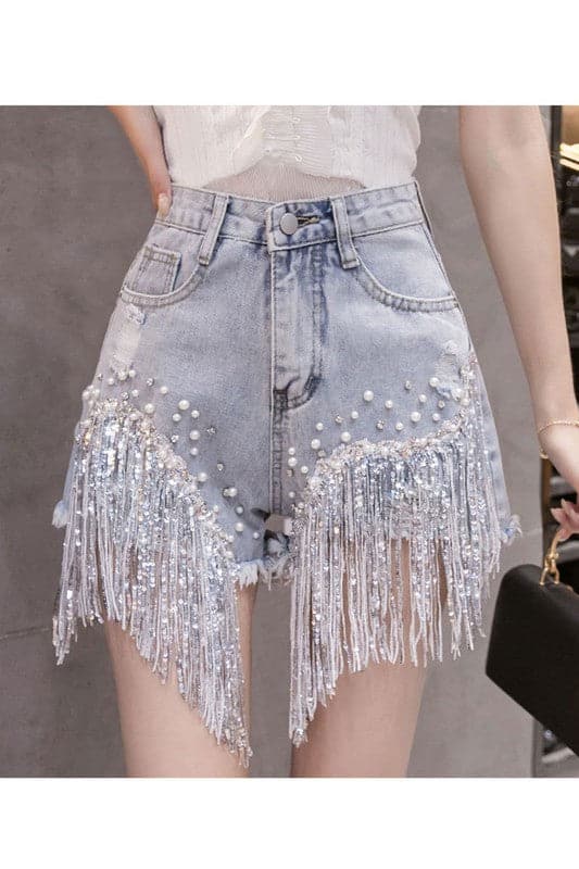 PN377 Rhinestone Pearl Denim Shorts