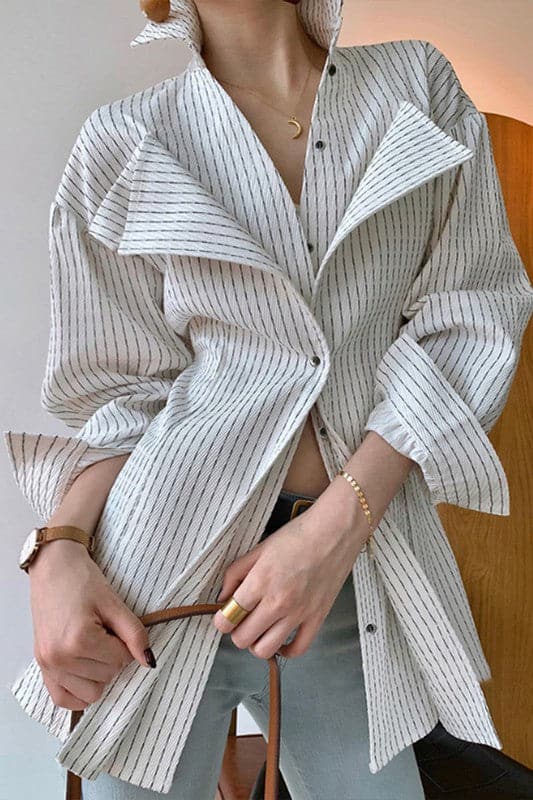 TW802 Collared Side Open Long Sleeve Striped Blouse