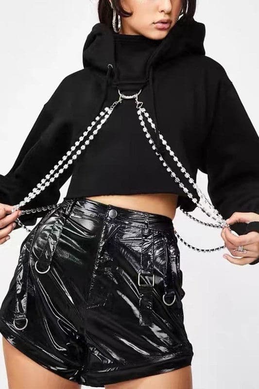 TW824 Rhinestone Chain Long Sleeve Short Hoodie