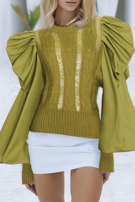 TW827 Solid Pleated Puff Sleeve Sweater