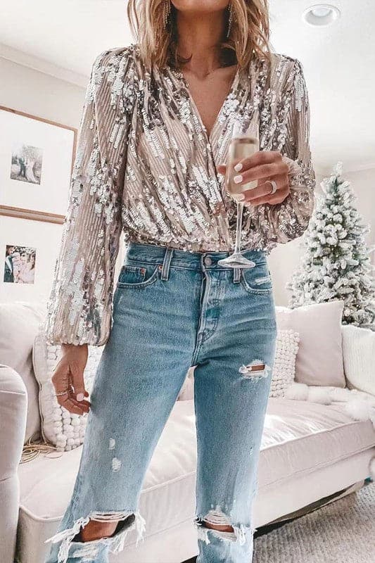 TX909 Sequins V Neck Blouse