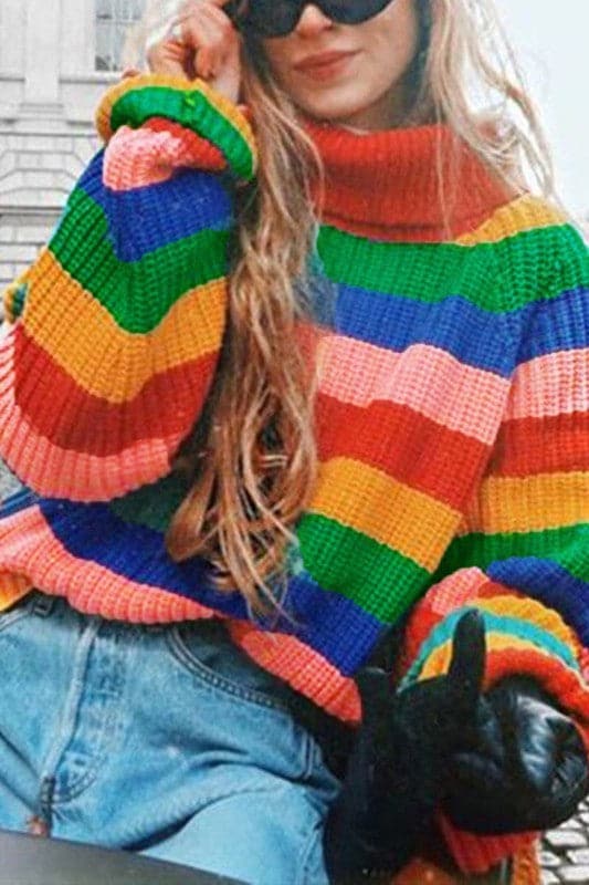 WX929 Turtleneck Rainbow Stripe Sweater