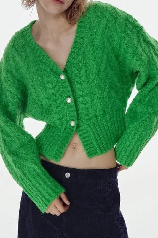 TX965 V Neck Cropped Knit Sweater