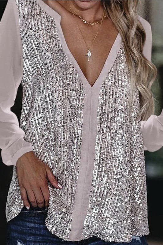 TY855 V Neck Sequins Blouse