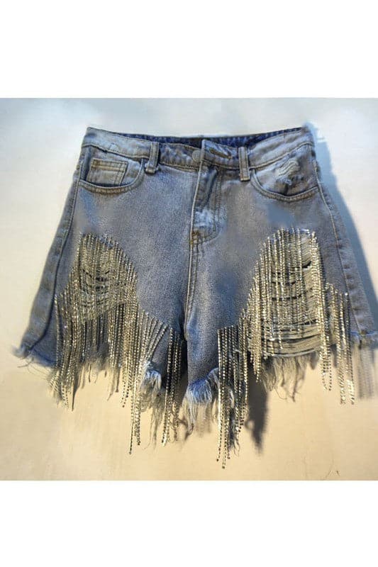 PY217 Rhinestones Fringes Denim Shorts