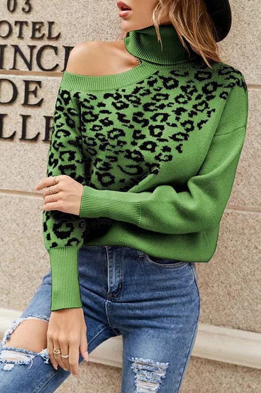 WY933 Leopard Print Turtleneck Knit Sweater