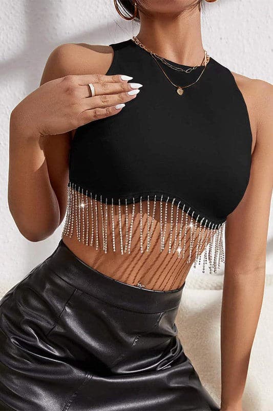 TZ639 Rhinestone Fringe Crop Top