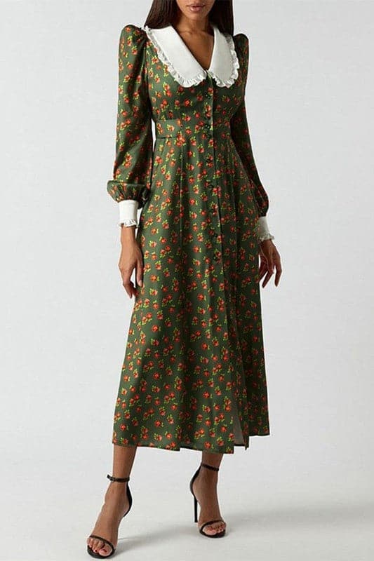 BZ664 Big Collar Floral Midi Dress