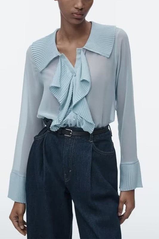 TZ693 Semi Sheer  Pleated Fabric Blouse