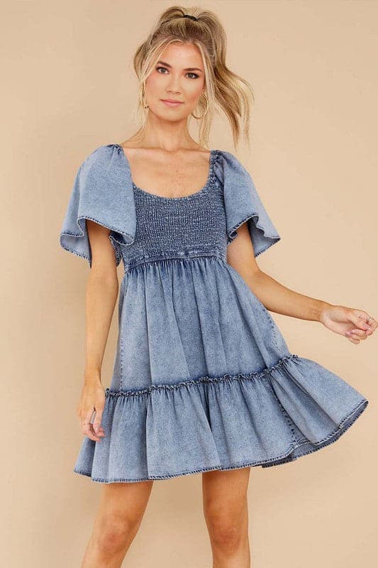 BZ716 Ruffle Sleeve Denim Mini Dress