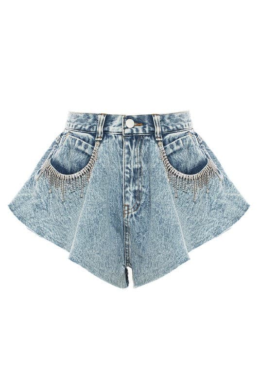 PA907 Rhinestone Fringe Denim Shorts