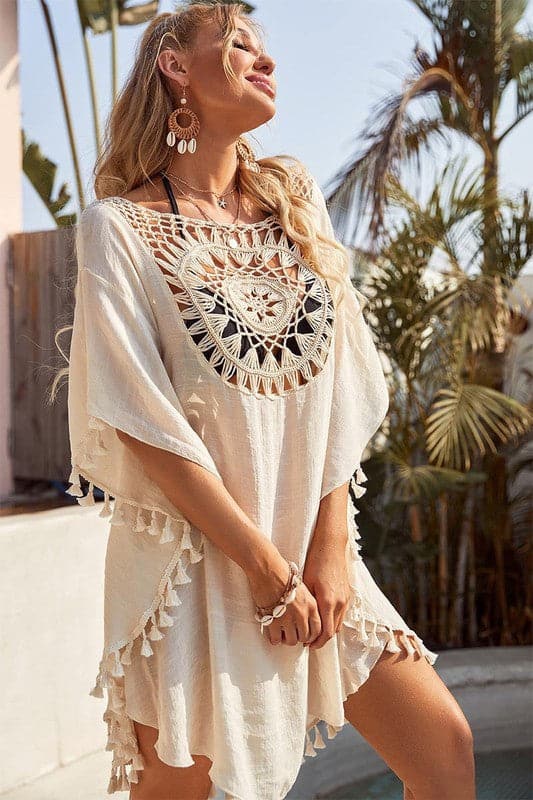 BA922 Floral Crochet Cotton Bikini Cover Up Dress