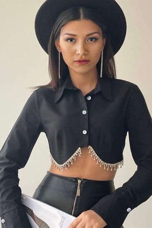 TA980 Metallic Chain Hem Crop Blouse