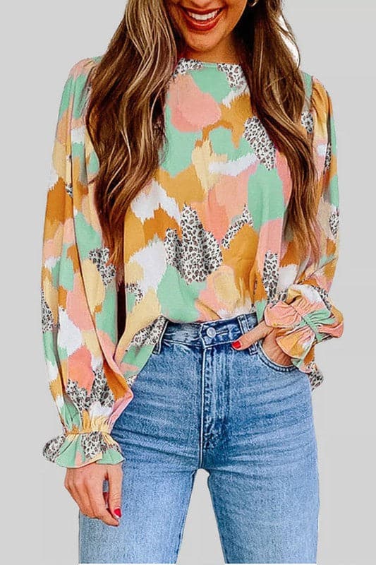 TA983 Multi Colour Abstract Printed Long Sleeve Blouse