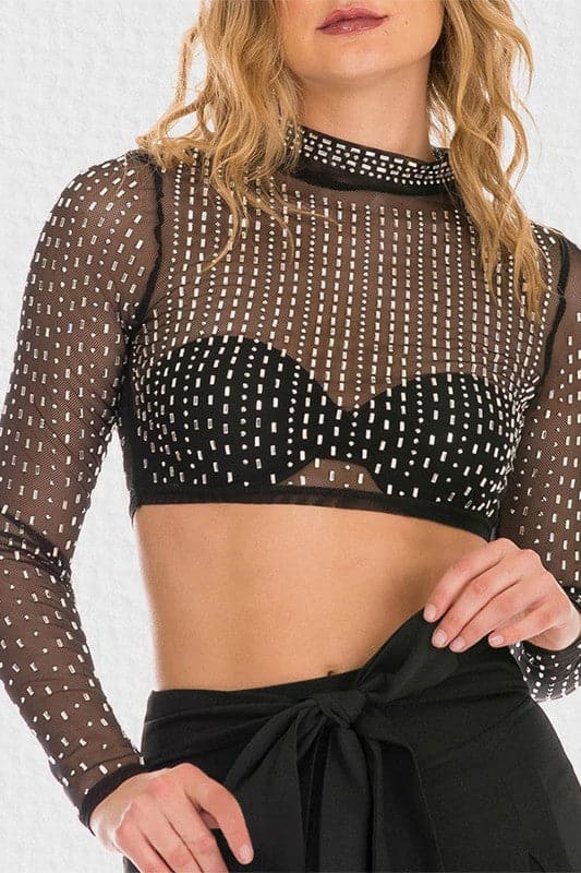 TA985 Transparent Mesh Rhinestone Blouse Top